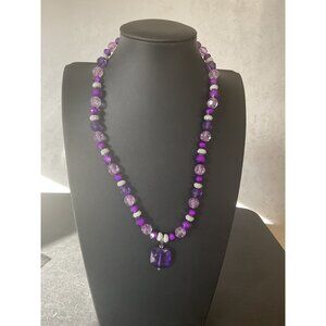 Purple Beaded Necklace With Large Pendant & Silver Clasp